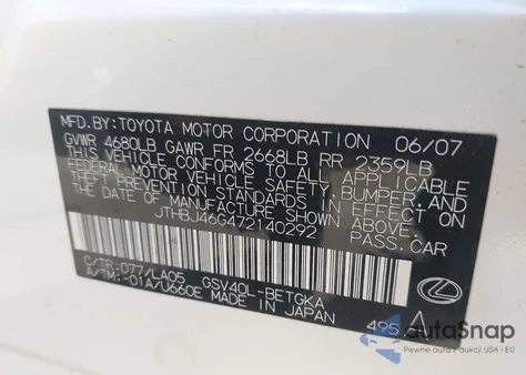 2007 Lexus Es 350 z USA, uszkodzony, nr VIN JTHBJ46G472140292